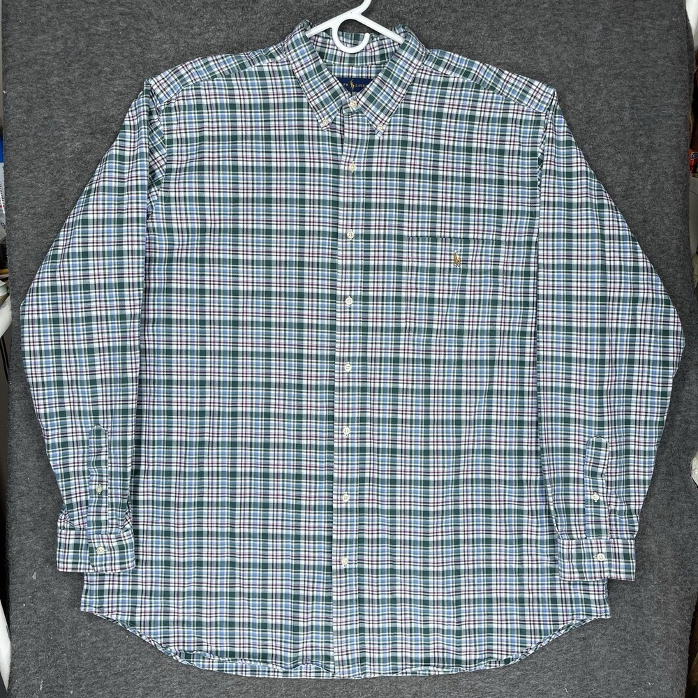 Polo Ralph Lauren Oxford Shirt Mens 3XLT Green Blue Plaid Flesh pony Long Sleeve